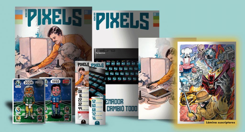 PIXELS número 1 con portada, sobrecubierta, marcapáginas, carta coleccionable, lámina de portada y lámina exclusiva de suscriptores.