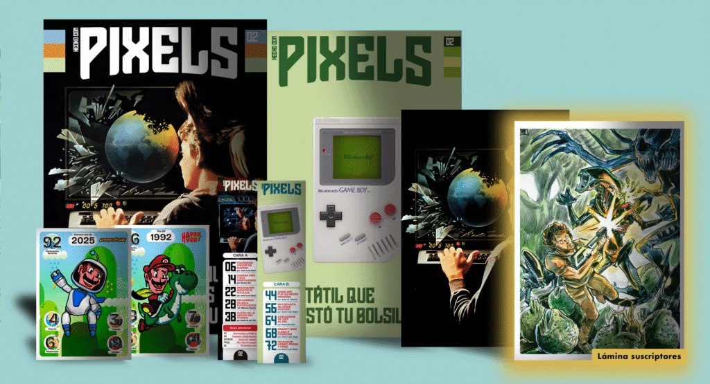 PIXELS número 2 con portada, sobrecubierta, marcapáginas, carta coleccionable, lámina de portada y lámina exclusiva de suscriptores.