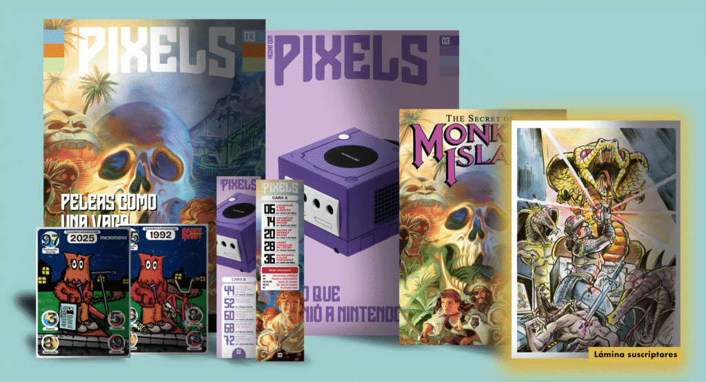 PIXELS número 3 con portada, sobrecubierta, marcapáginas, carta coleccionable, lámina de portada y lámina exclusiva de suscriptores.