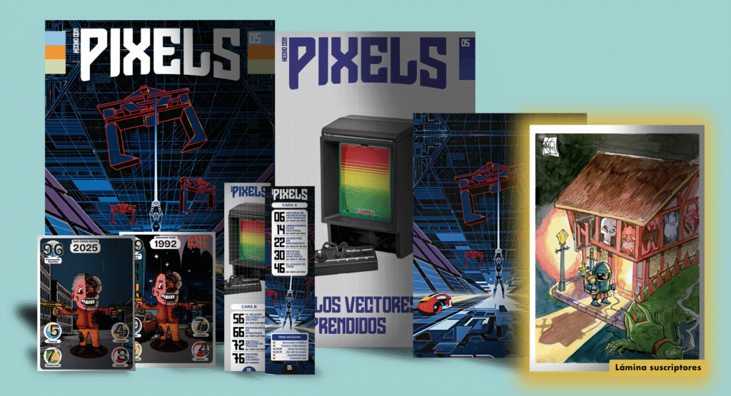 PIXELS número 5 con portada, sobrecubierta, marcapáginas, carta coleccionable, lámina de portada y lámina exclusiva de suscriptores.